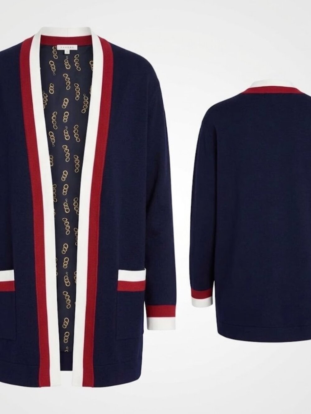 Sandro Paris Navy Red White Chain Print Cardigan M